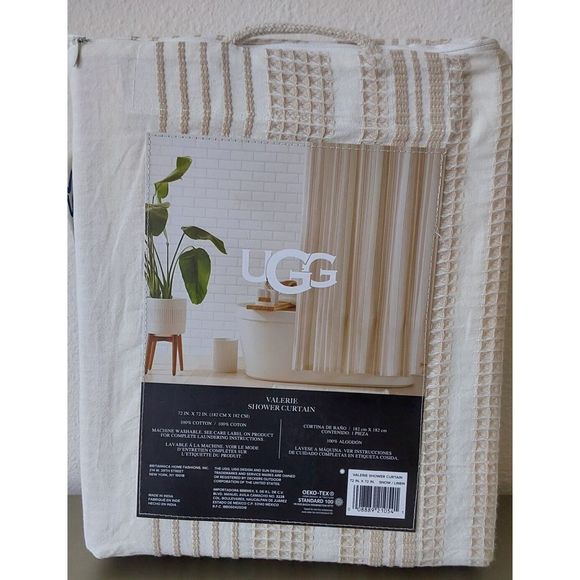 UGG Valerie Striped Fabric Shower Curtain 72 x 72 Inches 100% Cotton Snow/Linen - Picture 5 of 7